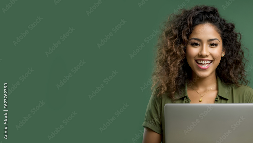 Young happy Latin woman winner holding a laptop isolated on a green background. Excited euphoric female model using computer winning online celebrating new great job offer with yes gesture concept. - obrazy, fototapety, plakaty 