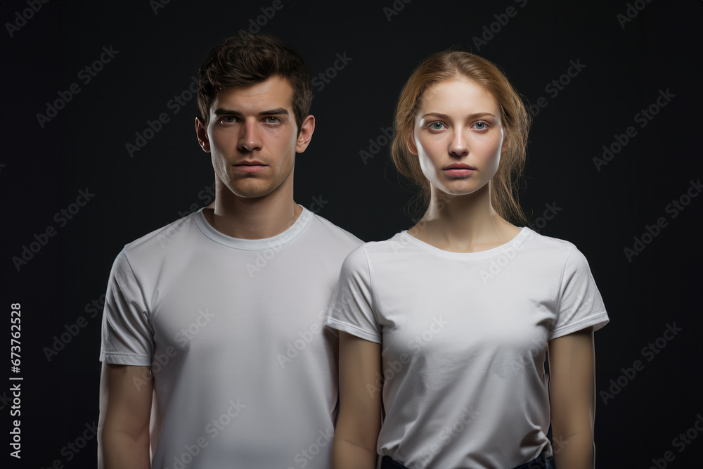 Couple Models In White Tshirt On Black Background Couple Models In White Tshirt On Black Background
