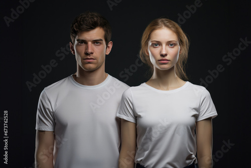 Couple Models In White Tshirt On Black Background