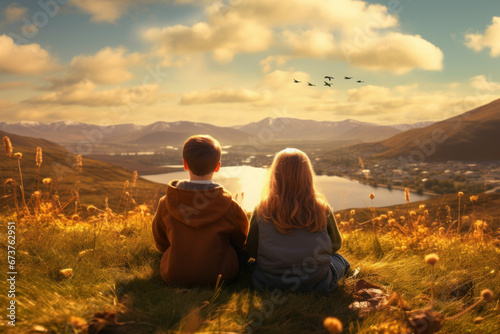 Children observing flock of geese during migration. Children sitting on hill and observing beautiful nature. Flying geese