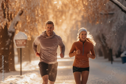 Couple running outdoor during workout on winter day. Man and woman jogging in park. Active people. People while cardio training. Physical fitness. Cardio workout. Healthy lifestyle photo