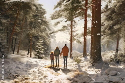 Family walking in forest on winter day. Spending leisure time close to nature. Snowy winter. Cold day. Active people. Physical activity. Healthy lifestyle