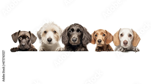 Puppy Dogs Peeking Over White Web Banner isolated on transparent background