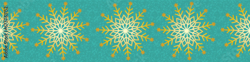 Elegant teal blue green gold snowflake seamless vector border. Christmas and New Year seamless banner backdrop with snow, snowflakes. Festive winter holidays theme. Turquoise golden repeat.