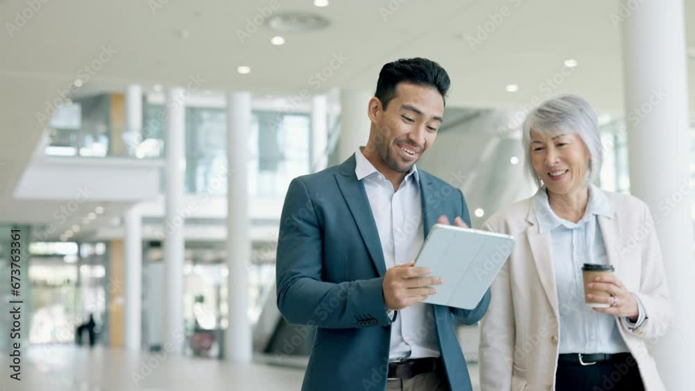 Happy, planning and review with business people and tablet for consulting, website and teamwork. Mentor, digital and networking with employees walking in office for corporate, online and technology