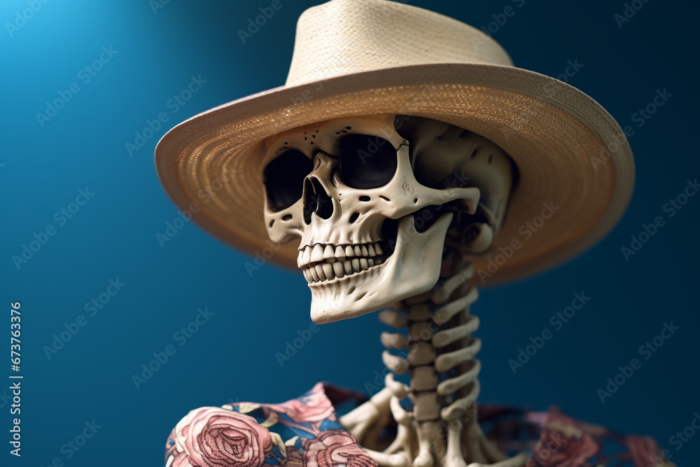3D illustration of skeleton skull with hat and fashionable 3D illustration of skeleton skull with hat and fashionable