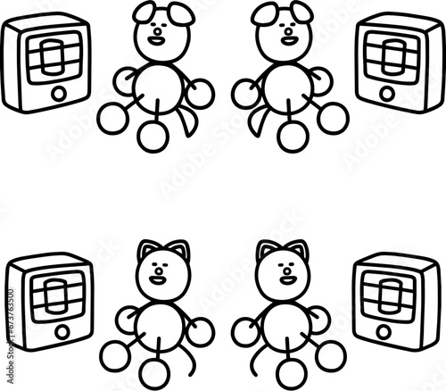 ストーブで暖まるわんまるとにゃんまるの線画セット　犬　猫
