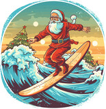 Cute santa claus cartoon character surfing,Santa Claus Surfing in beach, vintage santa surfing at the summer