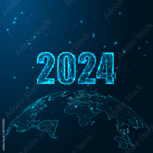 Futuristic 2024 web banner with 2023 digits and planet Earth map on dark blue background.