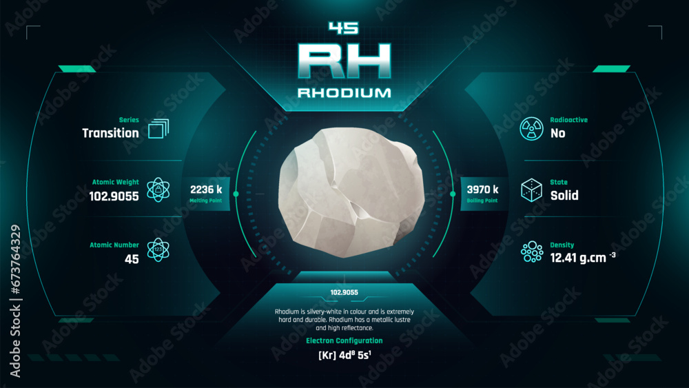 Rhodium Parodic Table Element 45-Fascinating Facts and Valuable Insights-Infographic vector illustration design - obrazy, fototapety, plakaty 