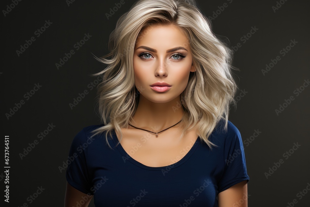 Blond Woman In Navy Tshirt, Fashion Lifestyle Mockup Blond Woman In Navy Tshirt, Fashion Lifestyle Mockup