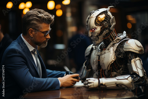 A Man and a Robot Having a Conversation Over Coffee