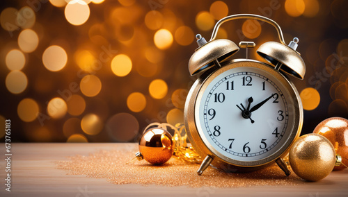 christmas alarm clock set to five to midnight on decorated table on gold bokeh background. Happy New Year , copy space