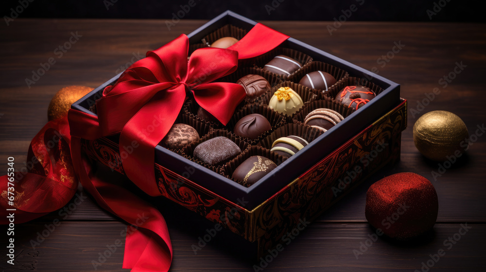 box of chocolates, chocolate candies in box ,chocolate pralines in a gift box as a luxury holiday present - obrazy, fototapety, plakaty 