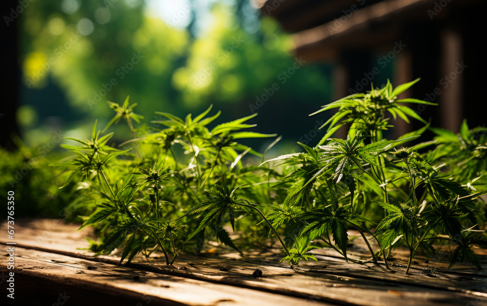 A Lush Green Oasis: Marijuana Plants Flourishing on a Rustic Wooden Table