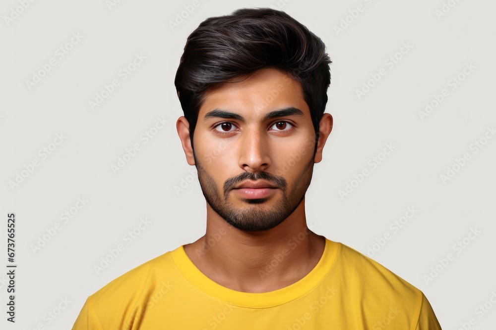 Fototapeta premium Confident Indian Man In Yellow Shirt On White Background