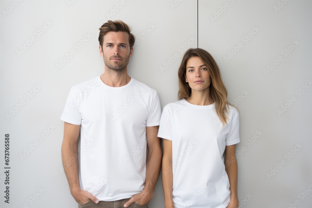 Couple Standing In Front Of White Mockup Screen Couple Standing In Front Of White Mockup Screen