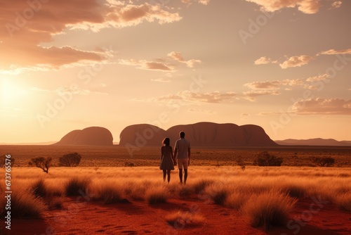 Couple Explores Australias Desert  Uluru In The Background