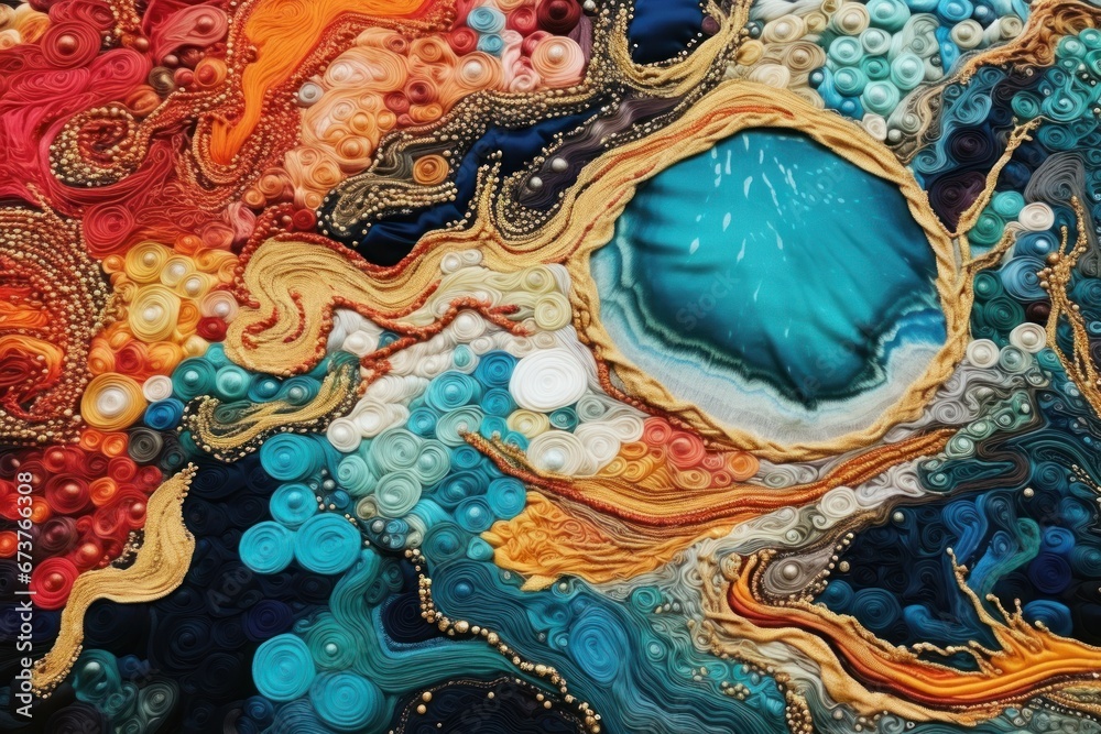 Fototapeta premium Abstract embroidery with a maritime theme, a beautiful background with ocean-colored embroidery, digital abstract handicraft.