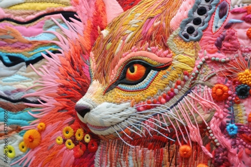 Embroidery of a fiery cat in close-up, Colorful yellow-red cat stitched on fabric, digital embroidery, digital crafting. © Anton