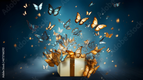 Colorful butterflies fly out of a gift box on blue background with light © petrrgoskov