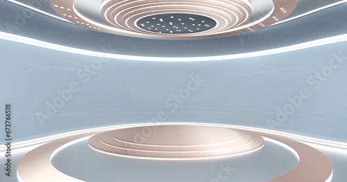 Modern broadcasting studio background: empty circular space for a virtual set with blue walls. Round elevated stage illuminated by shining lights and reflecting surfaces. Futuristic backdrop for media