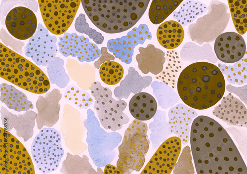 Abstract watercolor and tempera background. Hand painting. Geometric elements. Dots pattern. Colorful blotch layout, banner, card, template. Hand painted textile. Surface design. Blue aesthetic.