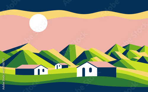 Geometric simple rural scene with hillside farms