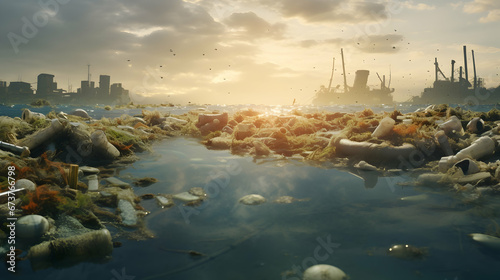 Polluted sea with trash, industrial backdrop, environmental concern, eco crisis