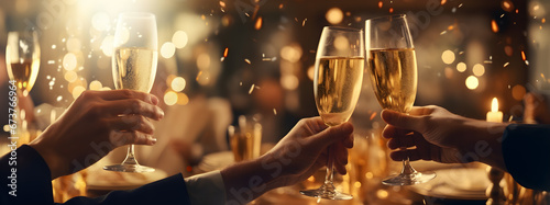 Celebration christmas or new years eve party. People holding glasses of champagne making a toast. Champagne with blurred background