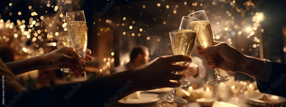 Celebration christmas or new years eve party. People holding glasses of champagne making a toast. Champagne with blurred background - obrazy, fototapety, plakaty 