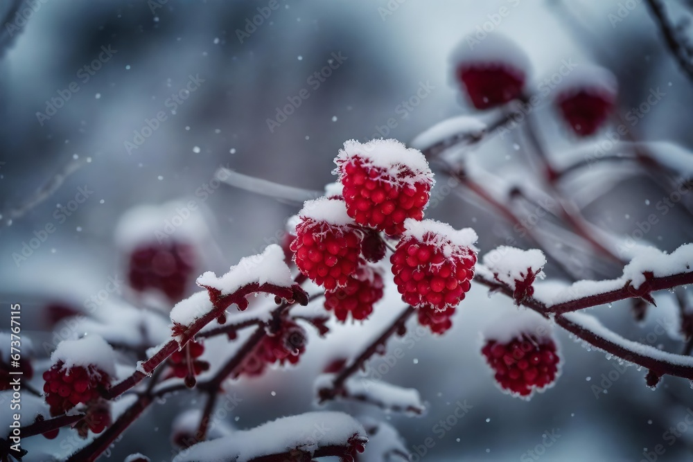 A close-up of a crimson winter berry covered in frost, standing out against the snowy backdrop