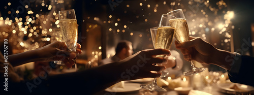 Celebration christmas or new years eve party. People holding glasses of champagne making a toast. Champagne with blurred background photo