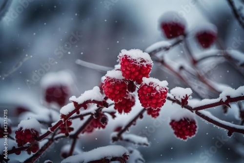 A close-up of a crimson winter berry covered in frost  standing out against the snowy backdrop