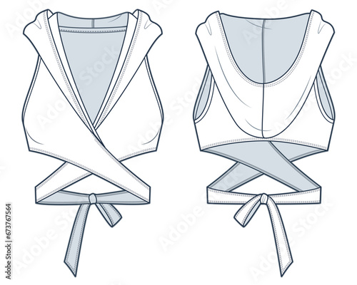  Hooded Crop Top technical fashion illustration. Off Shoulder Top fashion flat technical drawing template, wrap, v neck, knot back, slim fit, front and back view, white, women CAD mockup.