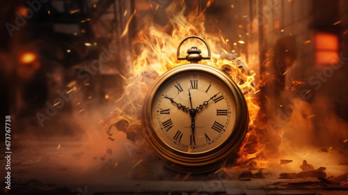 Surreal Burning Clock with Roman Numerals. Dramatic Historical Fiction Scene. Time Burning Concept.