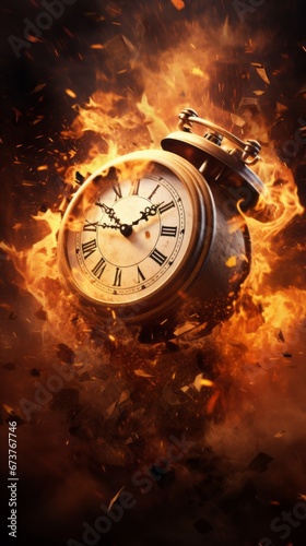 Surreal Burning Clock with Roman Numerals. Dramatic Historical Fiction Scene. Time Burning Concept.