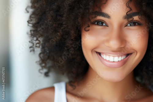 Portrait of young African American woman with perfect healthy pearly white teeth smile. Health, teeth whitening, dental care, dentistry, stomatology concept photo