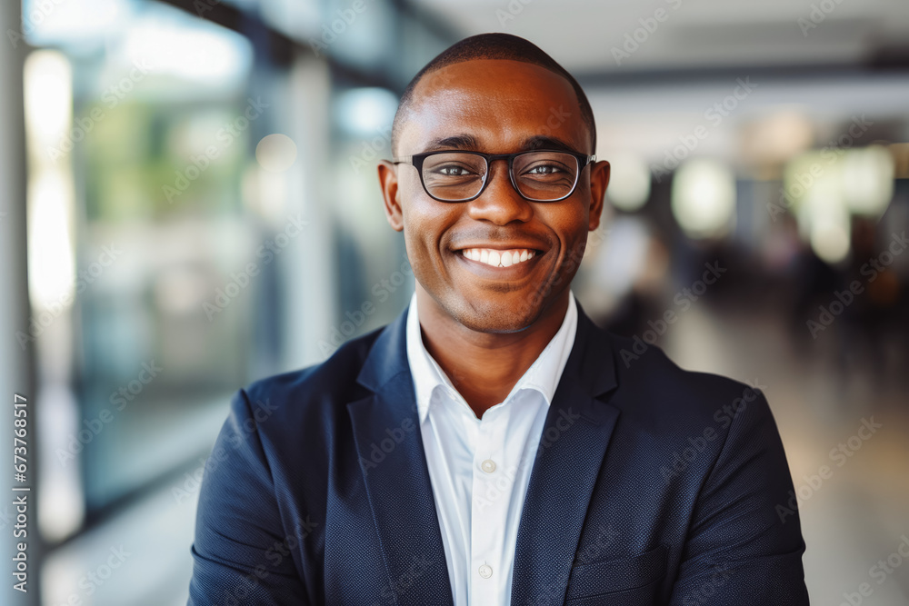 Obraz premium Happy black business man smiling at the camera. Portrait of confident happy young man in a suit smiling at camera. Business concept, men at work.