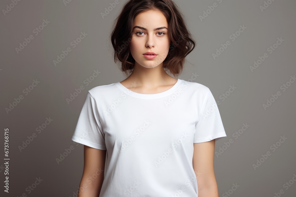 Female Model Showcasing White Tshirt Mockup Female Model Showcasing White Tshirt Mockup