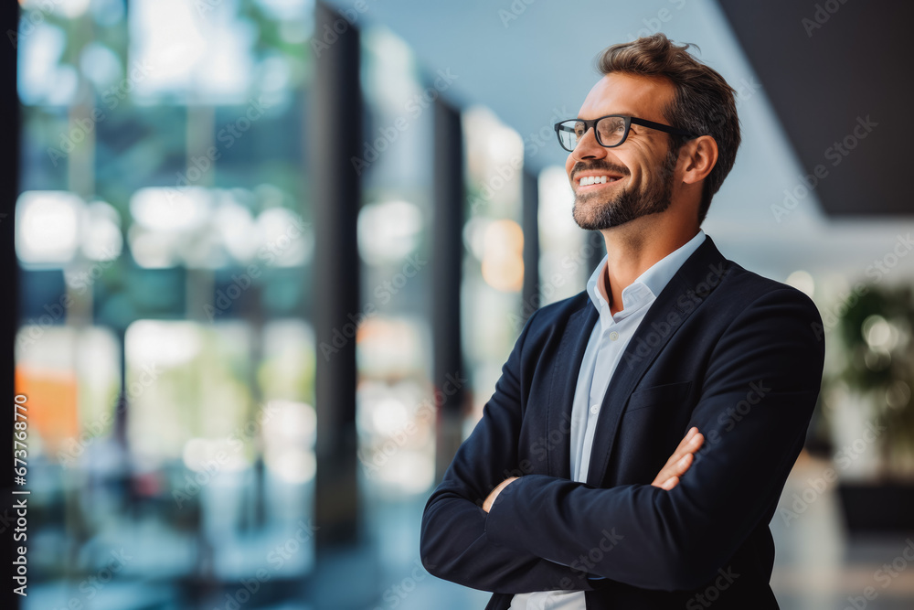 Fototapeta premium Thoughtful young caucasian businessman looking away with smile. Portrait of confident young man in a suit smiling. male business person portrait.