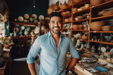 Ethnic small business owner smiling cheerfully in his shop. Portrait of proud confident male shop owner in front of stacked shelves.