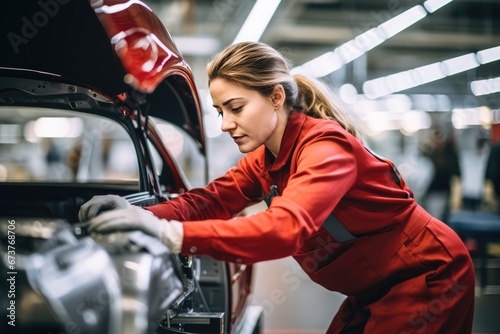 Female Engineer Works On Car Assembly Line In Factory
