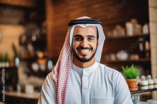 Arab small business owner smiling cheerfully in his shop. Portrait of proud confident male shop owner in front of stacked shelves.