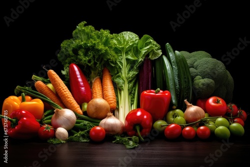 Fresh Salad Vegetables Arranged On Dark Black Backdrop