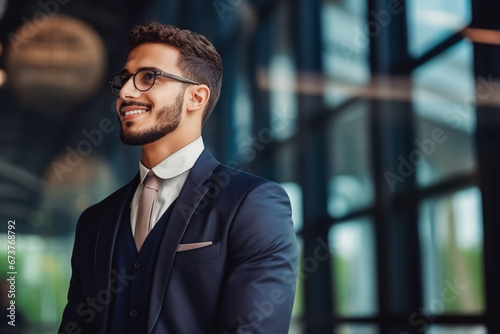 Thoughtful young caucasian businessman looking away with smile. Portrait of confident young man in a suit smiling. male business person portrait.