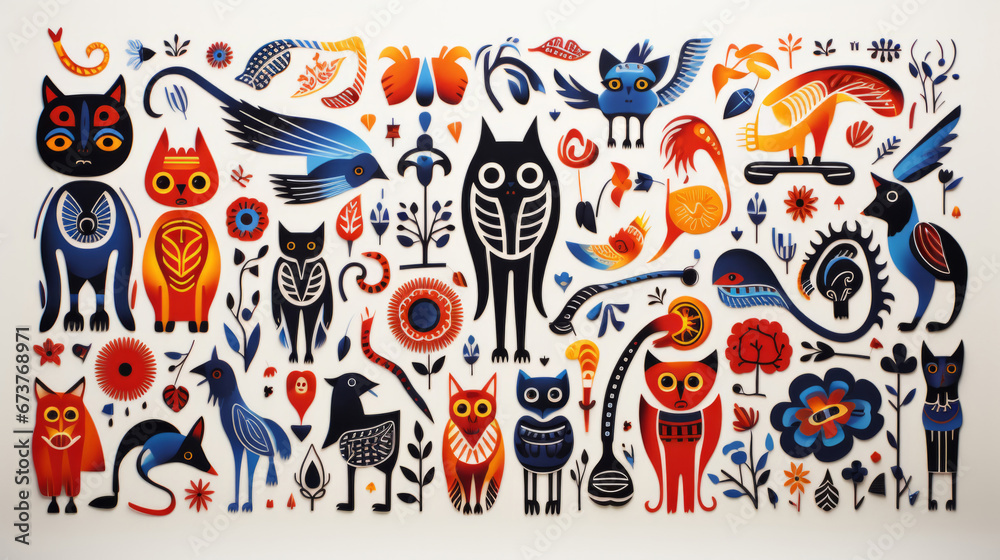 A variety of animals in different colours, in the style of traditional Mexican, white background.