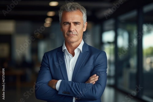 Happy Middleaged Business Man Ceo Standing In Office Arms Crossed Smiling Mature Confident Professional Executive Manager, Proud Lawyer, Businessman Leader Wearing Blue Suit