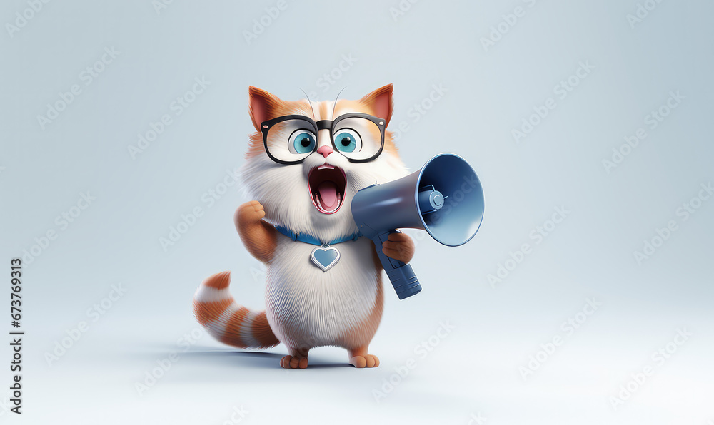un personnage 3D de chat qui parle dans un mégaphone
