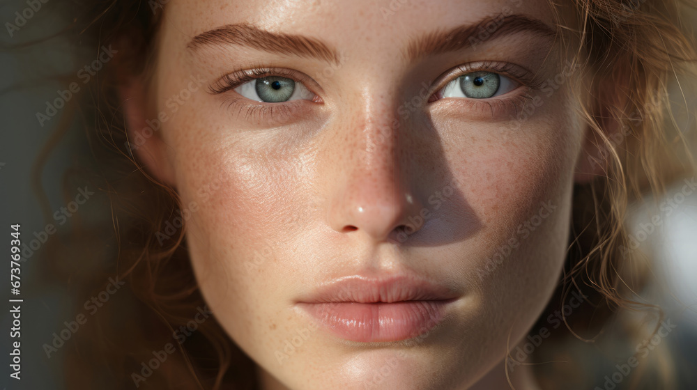 Close-up portrait of model. Make-up, freckle skin. Natural light. Fashion, editorial concept. Close-up portrait of model. Make-up, freckle skin. Natural light. Fashion, editorial concept.